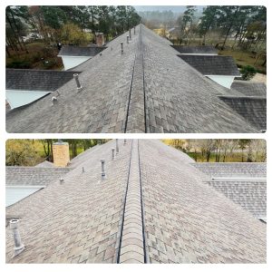Before-and-after aerial comparison of a residential asphalt shingle roof in The Woodlands, TX. Top: Dark algae streaks run down both slopes from the ridge. Bottom: Same roof after soft-wash cleaning—streaks gone, uniform gray shingles restored, no granule loss.